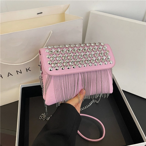 Trendy Rhinestone Tassel Women Crossbody Bag PU Leather Small Square Shoulder Bag With Metal Chain Strap For Party