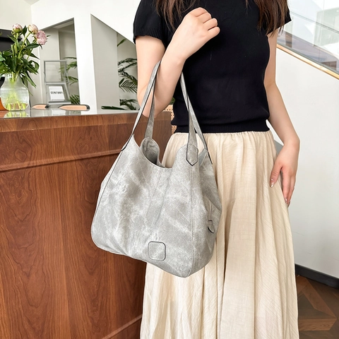 Women Vintage PU Leather Shoulder Bag Large Capacity Multi Layer Underarm Tote Casual Retro Handbag