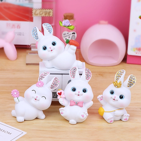 Cute Cartoon White Resin Rabbit Ornament Featuring Shiny Rhinestone Ears Crown Heart Magic Wand For Desktop Home Decor