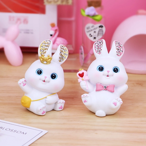 Cute Cartoon White Resin Rabbit Ornament Featuring Shiny Rhinestone Ears Crown Heart Magic Wand For Desktop Home Decor