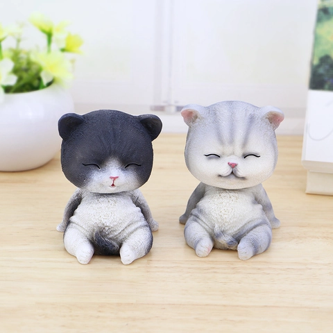Lindo Adorno de Gato de Resina con Cabeza Oscilante Figurita de Gato Bobblehead Creativa para Escritorio Coche Con Luz LED