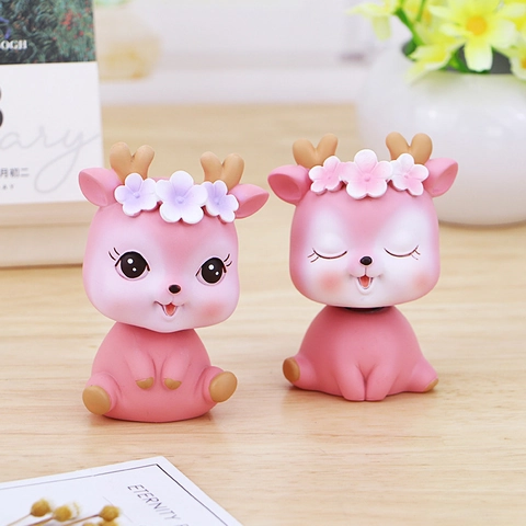 Cute Cartoon Deer Bobblehead Car Dashboard Ornament Resin Floral Deer Statue Home Desk Decor Desktop Decorative Figurine Gift
