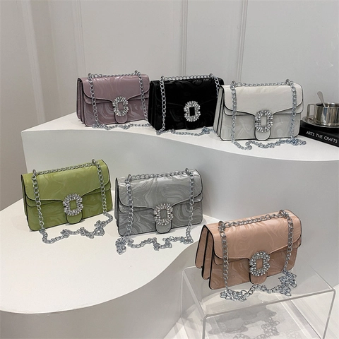 Marble Pattern Crossbody Bag Glossy PU Leather Silver Chain Shoulder Bag Rhinestone Buckle Square Fashionable Elegant