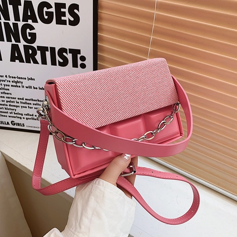 Women Fashion PU Leather Woven Patchwork Crossbody Bag With Silver Chain Small Square Top Handle Shoulder Bag Trendy Satchel