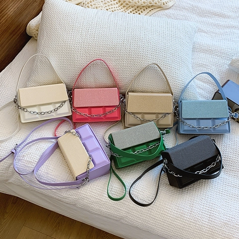 Women Fashion PU Leather Woven Patchwork Crossbody Bag With Silver Chain Small Square Top Handle Shoulder Bag Trendy Satchel