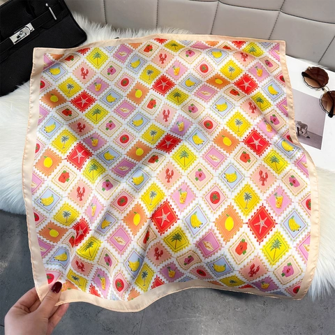 Sciarpa Quadrata Da Donna Imitazione Raso Poliestere Raso Stampa Francobollo Frutta Tropicale Foulard Leggero Retrò Versatile