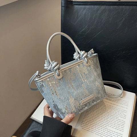 Fashion Sequin Denim Handbag Rhinestone Bucket Bag For Women Niche Design Crossbody Shoulder Bag Knotted Handle Glitter Bag