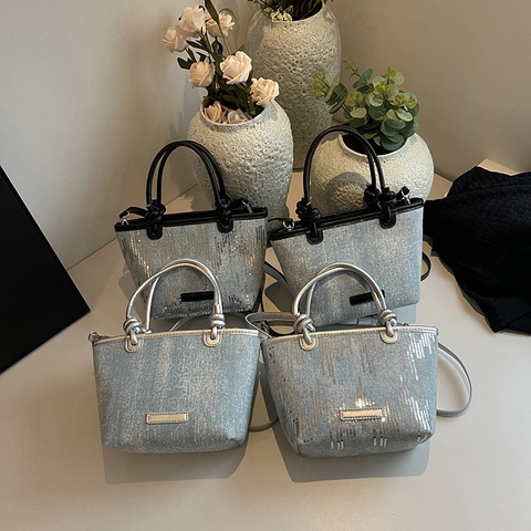 Fashion Sequin Denim Handbag Rhinestone Bucket Bag For Women Niche Design Crossbody Shoulder Bag Knotted Handle Glitter Bag