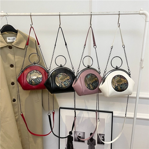Damen Muschel Umhängetasche Vintage PU Leder Handtasche Mit Metallring Griff Elefantenrelief Ethno Stil Schultertasche