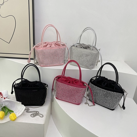 Damen Strass Eimertasche Funkelnde PU Leder Handtasche Mit Metallkette Kordelzug Umhängetasche Für Party Hochzeit