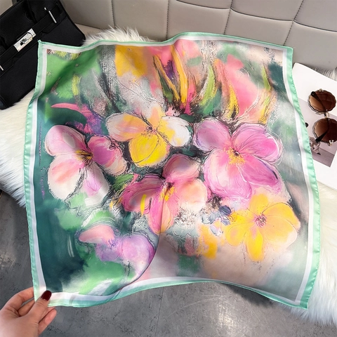 Foulard Quadrato Donna Stampa Floreale Pittura A Olio Imitazione Raso Satin Elegante Retro Versatile Leggero