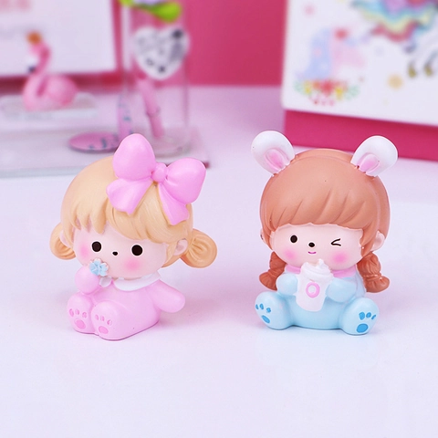 Cute Girl Resin Figurine Creative Cartoon Character Desktop Ornament For Car Office Decoration Healing Style Pink Girl Gift