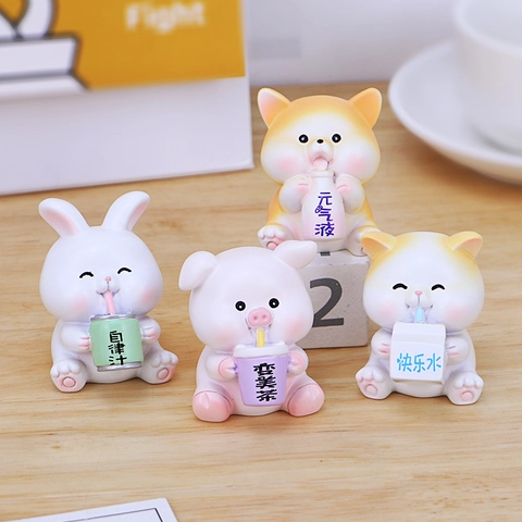 Süße Cartoon Tier Harz Ornamente Schreibtisch Mini Figur Büro Zuhause Auto Dekoration Kaninchen Katze Schwein Hund Statuen
