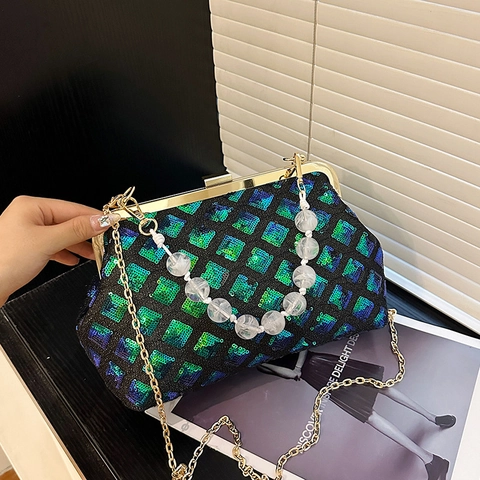 Women Sequin Evening Bag Sparkling Crossbody Handbag With Metal Frame Bead Handle Chain Strap Fashion Party Wedding Purse