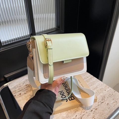 Borsa a Tracolla da Donna in Pelle PU Piccola Quadrata a Contrasto con Tracolla Larga e Design Minimalista