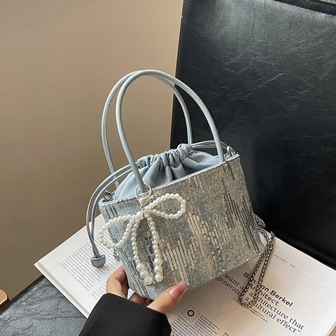 Women Fashion Sequin Denim Bucket Bag With Artificial Pearl Bow Charm Chain Strap Shoulder Crossbody Handbag For Daily Party Dating