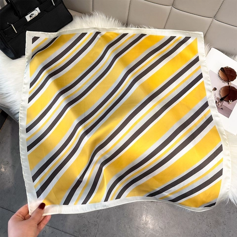 Women Geometric Stripe Print Square Scarf Polyester Satin Sun Protection Versatile Neck Head Accessory Elegant Fashion