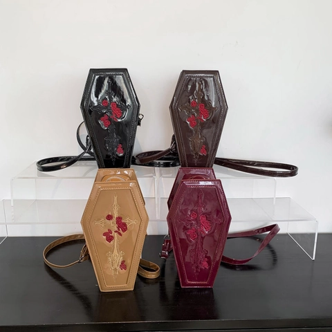 Gothic Τσάντα Crossbody Φέρετρο Πρωτότυπη από Δέρμα PU Με Κέντημα Σταυρό και Τριαντάφυλλο Halloween Πάρτι Προσωπικότητα Τσάντα για Γυναίκες