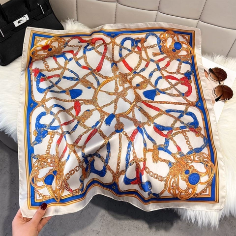Vintage Square Scarf Faux Satin Neckerchief With Baroque Chain Tassel Print Elegant French Style Decorative For Women