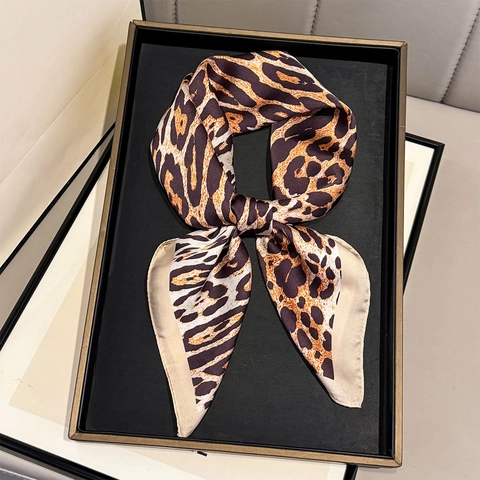 Leopard Print Square Scarf Vintage Satin Polyester Satin Feel Neck Head Scarf For Women Elegant Versatile Accessory