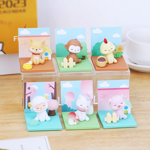 Miniature Animal Figurines Resin PVC Desktop Decor With Display Case Cartoon Landscape Background Office Home Gift