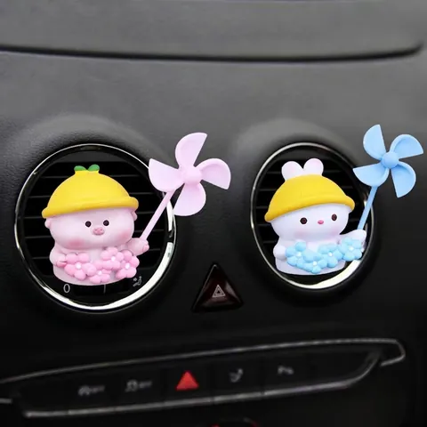 Cartoon Pig Rabbit Car Air Vent Aromatherapy Clip Resin Rotating Windmill Ornament Auto Interior Air Freshener Diffuser