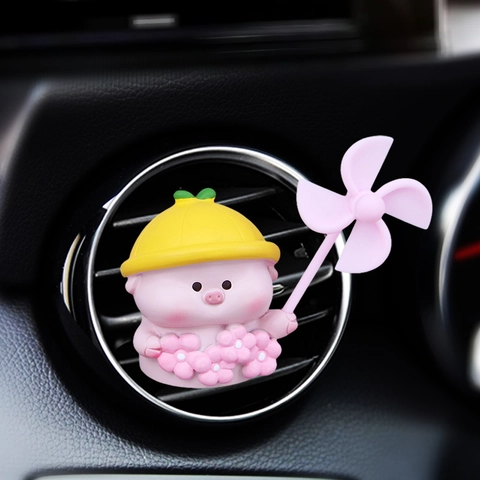 Cartoon Pig Rabbit Car Air Vent Aromatherapy Clip Resin Rotating Windmill Ornament Auto Interior Air Freshener Diffuser