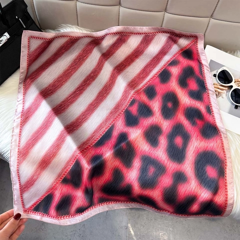 Leopard Print Patchwork Square Scarf Satin Satin Like Polyester Elegant Vintage Women Neck Scarf Hair Wrap