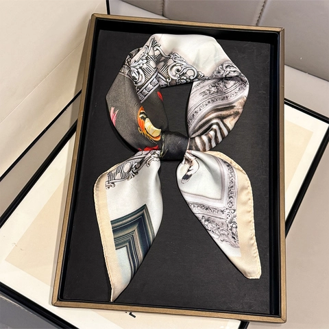 Women French Style Art Print Square Scarf Satin Polyester Neckerchief Retro Luxury Frame Animal Pattern Elegant Accessory