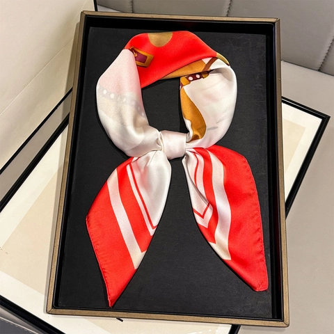Vintage Equestrian Horse Print Square Scarf Satin Like Polyester Neck Hair Wrap For Women Elegant Fashion Office Accessory