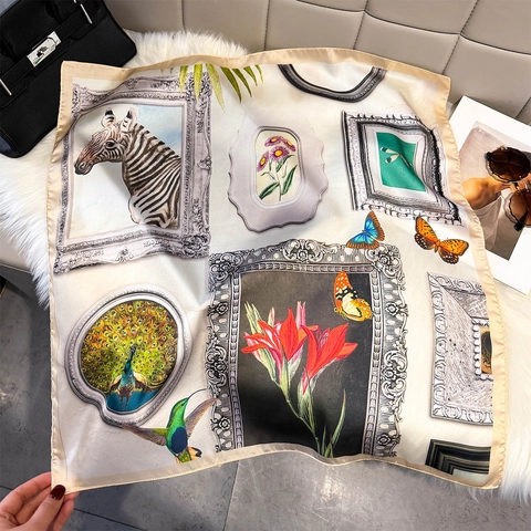Women French Style Art Print Square Scarf Satin Polyester Neckerchief Retro Luxury Frame Animal Pattern Elegant Accessory