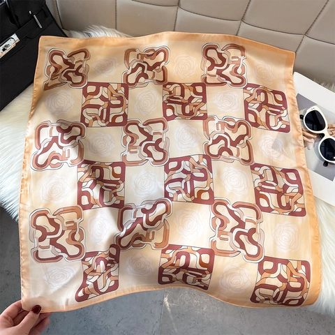 Vintage Rose Floral Geometric Chain Print Square Scarf Elegant Smooth Polyester Satin Neck Wrap For Women