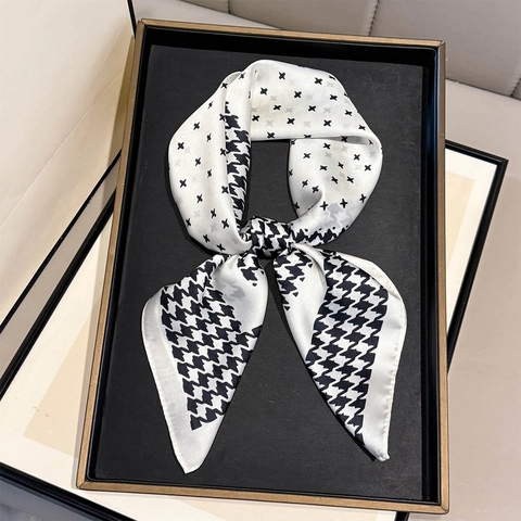Foulard Quadrato Stampa Pied De Poule Raso Sintetica Motivo Croce Geometrica Francese Vintage Elegante Donna