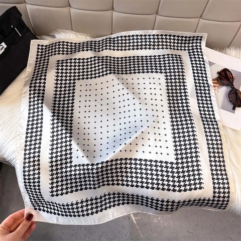 Foulard Quadrato Stampa Pied De Poule Raso Sintetica Motivo Croce Geometrica Francese Vintage Elegante Donna