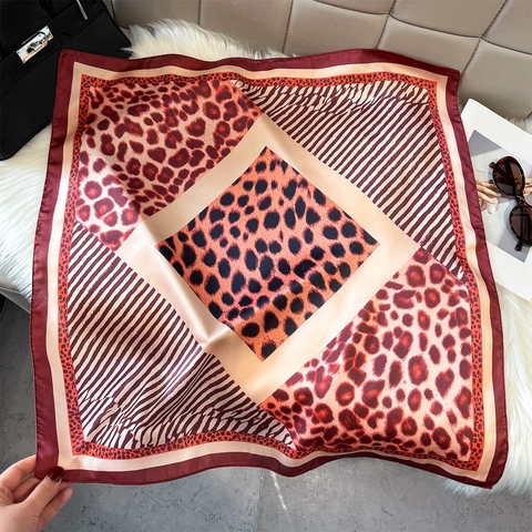 Elegant Leopard Print Square Scarf For Women Patchwork Satin Polyester Satin Like Neck Head Hair Handbag Accessory Retro Fashion