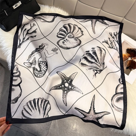 Elegant Square Scarf Satin Polyester Ocean Shell Print Neckerchief For Women Summer Beach Travel Soft Smooth Accessory