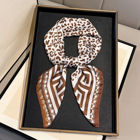 Women Leopard Print Square Scarf Polyester Satin Greek Key Border Geometric Pattern Elegant Retro Fashion Accessory