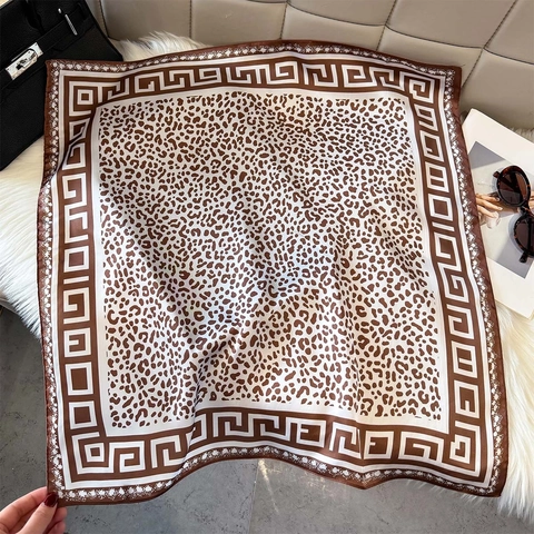 Women Leopard Print Square Scarf Polyester Satin Greek Key Border Geometric Pattern Elegant Retro Fashion Accessory