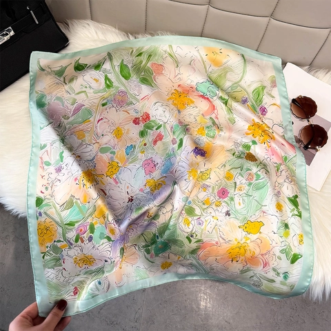 Dames Vierkante Sjaal Van KunstSatijn Aquarel Bloemenprint Artistieke Halssjaal Zacht Satijn Decoratieve Mode Accessoire