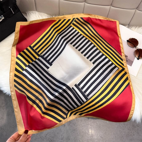 Women Geometric Stripe Print Satin Square Scarf Fashion OL Commuting Decorative Neck Scarf Elegant Silk Like Head Scarf Wrap