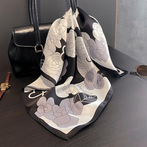 Foulard Quadrato Di Raso Raso Gelso Stampa Camelia Elegante Fascia Capelli Nastro Borsa Lusso Accessorio Collo Testa Donne
