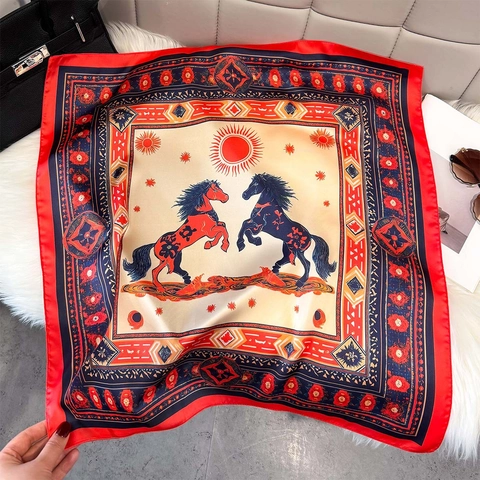 Vintage Horse Totem Print Polyester Satin Square Scarf Women Elegant Neck Wrap Fashion Accessory
