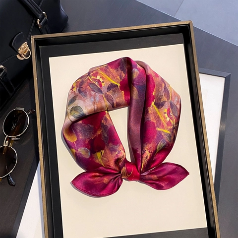 Women Mulberry Satin Square Scarf Elegant Rose Floral Print Thin Satin Neckerchief For Spring Retro Style