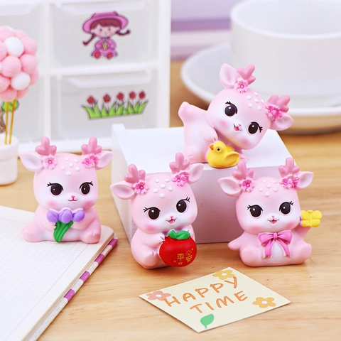 Kawaii Pink Resin Deer Figurine Cute Cartoon Animal Desktop Ornament Desktop Computer Screen Decoration Home Office Car Decor Accessory