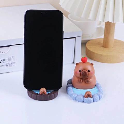 Cute Capybara Phone Holder Resin Desktop Ornament Bathing Animal Stand Home Office Decoration Creative Gift