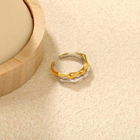Irregular Wave Stainless Steel Ring Gold Plated Bicolor Lava Texture Adjustable Open Band Minimalist For Women