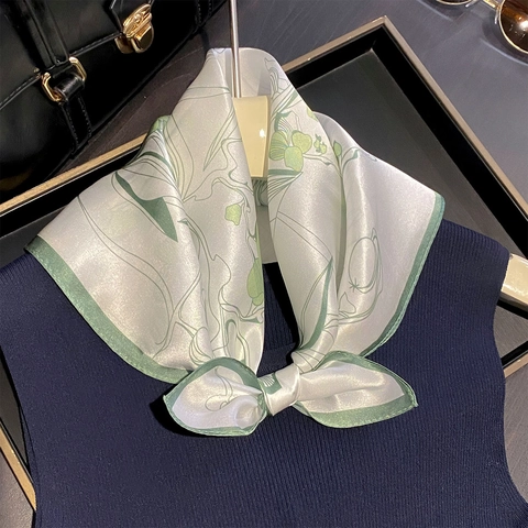 Pure Mulberry Satin Scarf Small Square Green Leaf Plant Print Elegant French Style Neck Kerchief For Women
