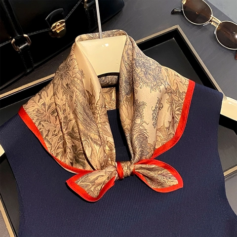 Mulberry Satin Square Scarf Vintage Botanical Floral Print Red Border Elegant Versatile Fashion Accessory For Women