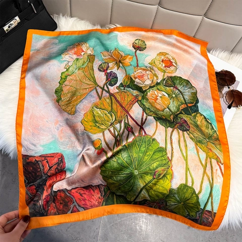 Oil Painting Style Lotus Print Square Scarf Vintage Elegant Imitation Satin Satin Neckerchief For Women Decorative Fashion