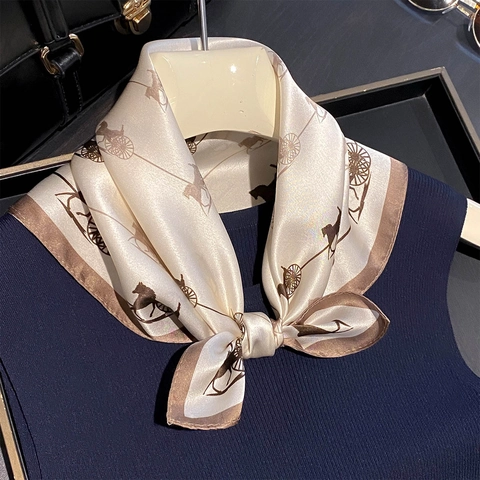 Mulberry Satin Square Scarf Carriage Horse Print Retro Elegant Neck Head Wrap Women